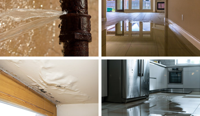 Collage of water leaking from broken pipe, flood damaged floor, water damaged ceiling due to roof leak and water leaking form refrigerator