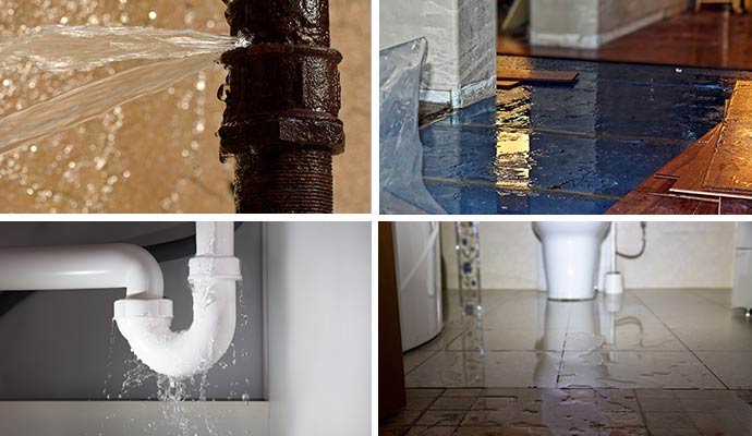 Collage of water leaking pipe plumbing leakage water damaged floor and sewage leakage.