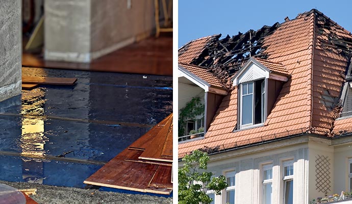 Collage of wet hardwood floor after leak and fire damaged roof