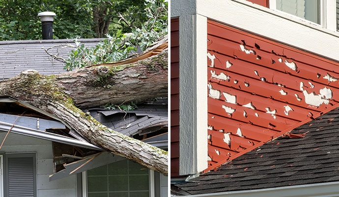Collage of wind and hail damaged house