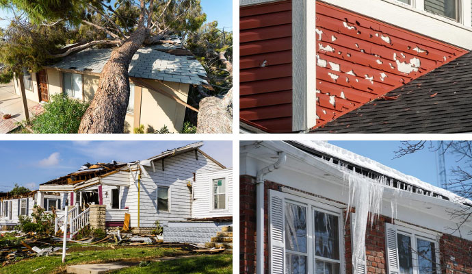 Collage showing fallen tree on roof, hail damage on siding, tornado structural destruction, and winter roof ice damage