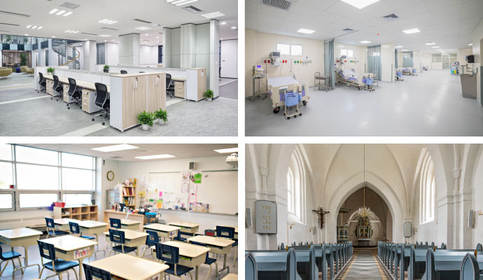 Collage of workstation, healthcare facility, classroom and church