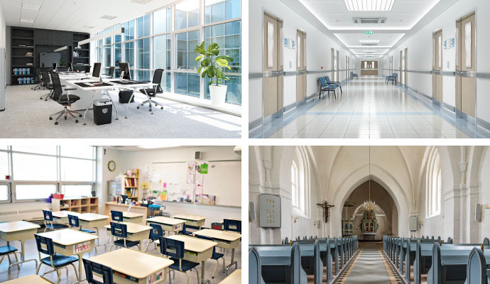 Collage of office, healthcare, school and church