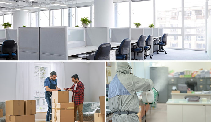 Collage of clean office space content packout service and commercial space disinfecting service