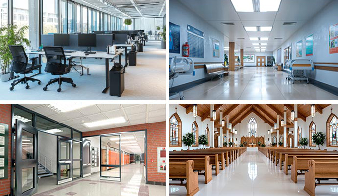 Collage of clean office, healthcare, school and church