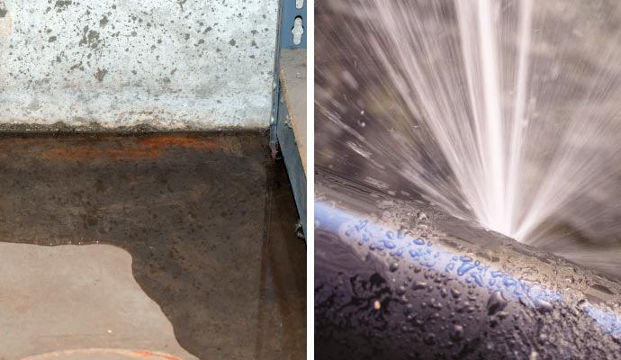 Collage of flood damage and water pipe break