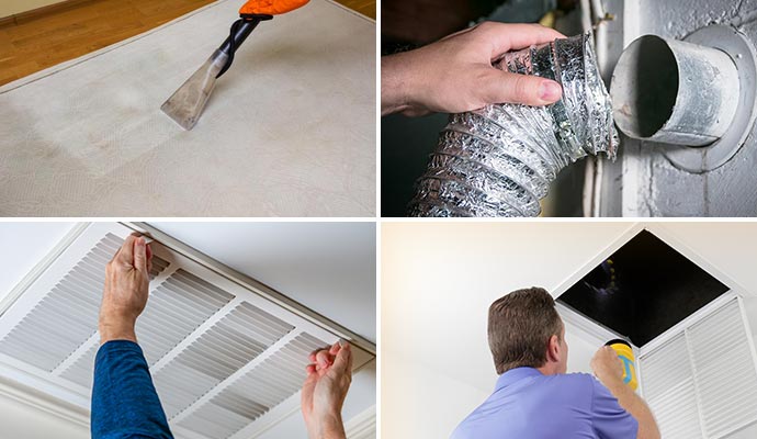 Collage of dust mite cleaning, duct sanitization, dryer vent cleaning and residential duct cleaning service Collage of dust mite cleaning, duct sanitization, dryer vent cleaning and residential duct cleaning service