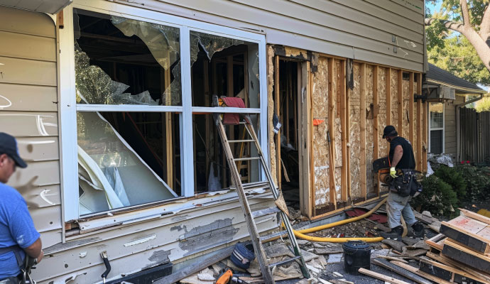 Experts cleaning wind damaged house