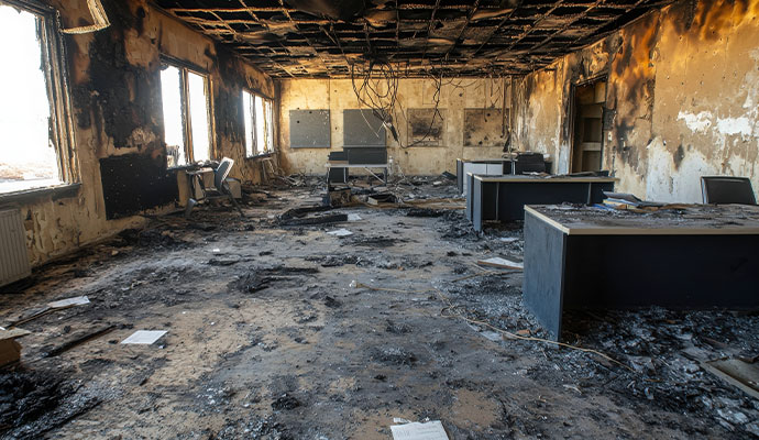Charred office interior with smoke and fire damage to furniture and ceiling