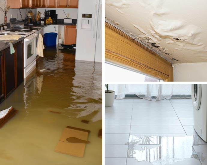 Water damage flooded kitchen and leaking ceiling