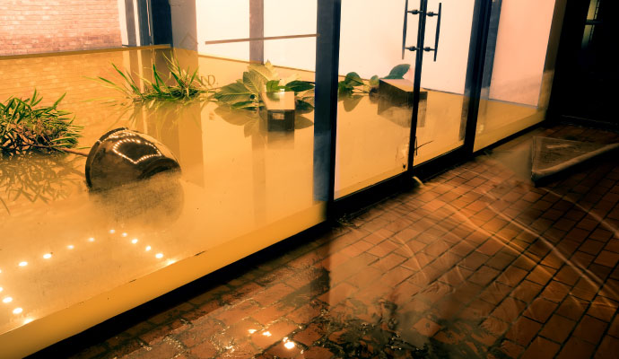Flooded commercial lobby with standing water