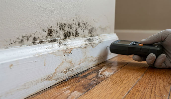 Mold inspection service and testing a baseboard