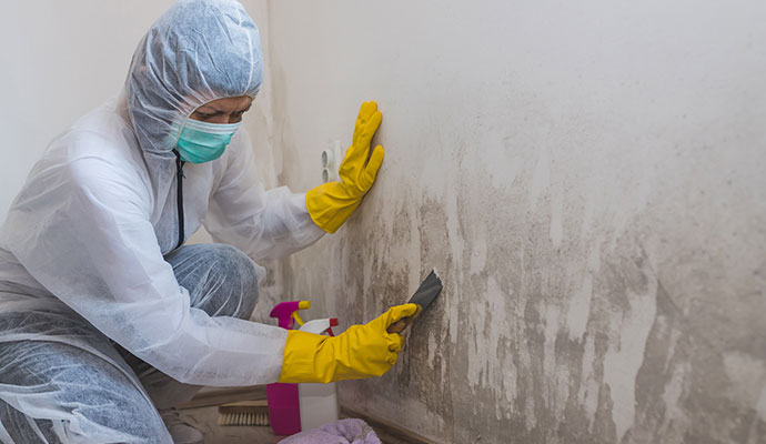 Mold remediation expert removing mold from wall