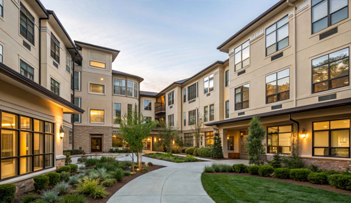 Courtyard view of a modern multifamily apartment building community