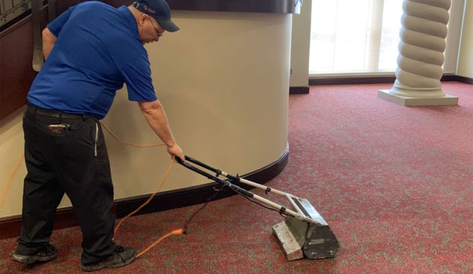 An expert cleaning a red carpet using a professional carpet cleaning machine