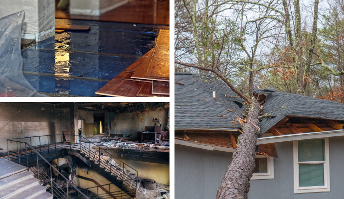 Collage of property damage water fire storm