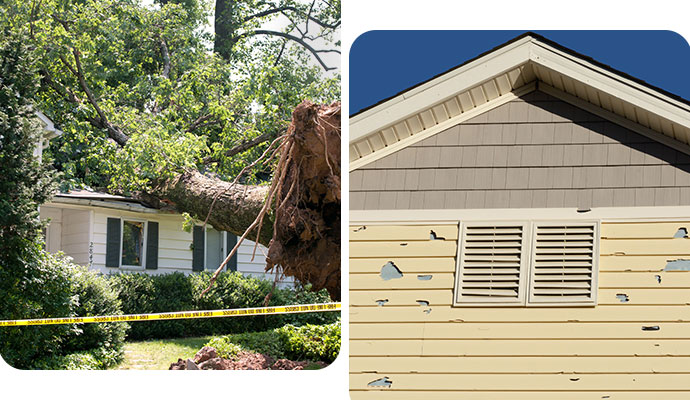 Collage of storm damaged house and damaged siding