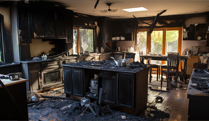 Severe fire damage to the kitchen structure with charred cabinets
