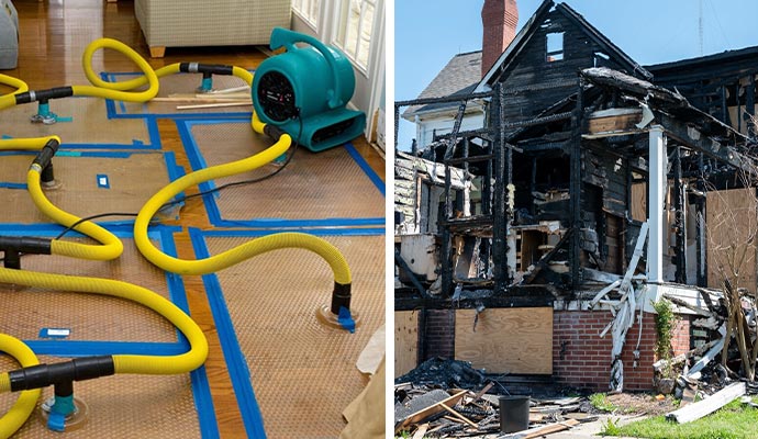 Collage of water damage restoration and fire damaged properties