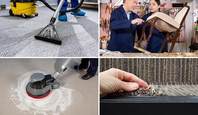 Collage of carpet cleaning, furniture cleaning, floor tile cleaning and carpet repairing