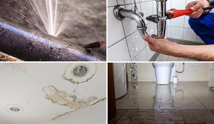 Collage of water pipe leakage, plumbing leakage repairing, water damaged ceiling and sewage leakage