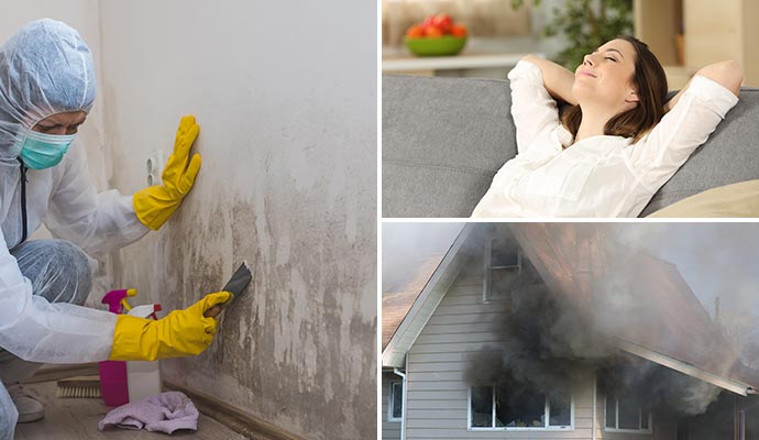 Collage of mold remediation, a person enjoying improved indoor air quality and a fire damaged house