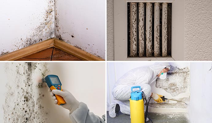 Collage of moldy wall, mold in HVAC, mold testing and mold remediation Collage of moldy wall, mold in HVAC, mold testing and mold remediation