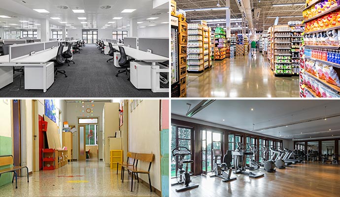 Collage of office building, retail store, school corridor and gym