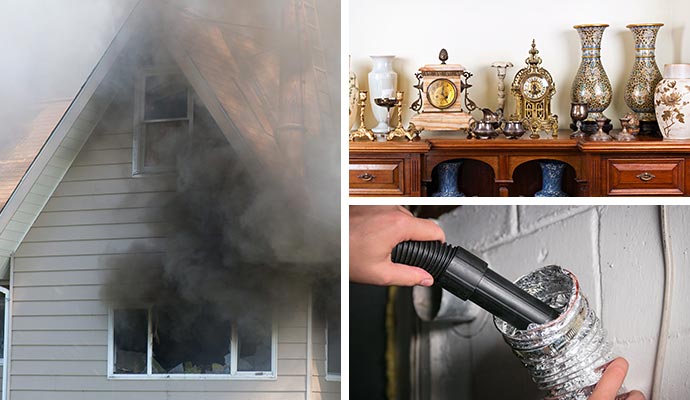Collage of smoke damaged house, restored antiques and air duct cleaning Collage of smoke damaged house, restored antiques and air duct cleaning