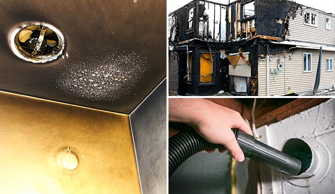 Collage of soot damaged ceiling fire damaged house and sucking soot from wall vent