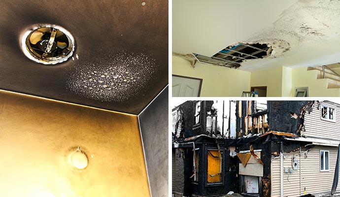 Collage of soot damaged ceiling, structurally damaged ceiling and fire damaged house