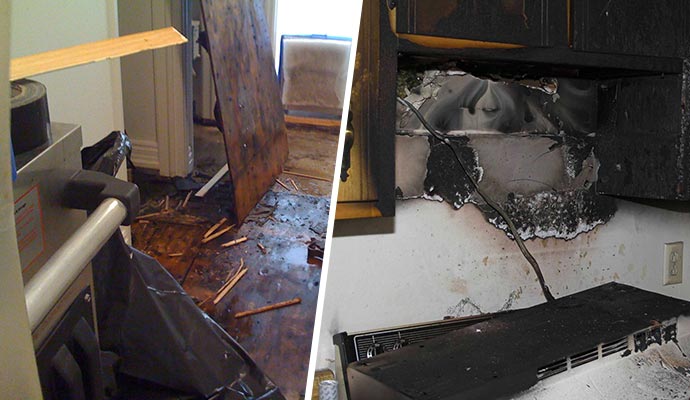 Collage of water damaged room and fire damaged kitchen