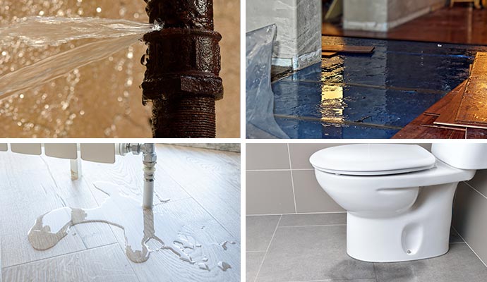 Collage of water leaking from pipe, water damaged floor, plumbing and sewage leakage Collage of water leaking from pipe, water damaged floor, plumbing and sewage leakage