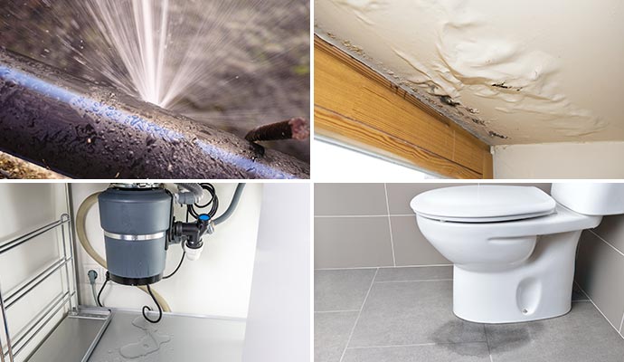 Collage of water pipe leakage, water damaged ceiling, appliance leakage and sewage leakage Collage of water pipe leakage, water damaged ceiling, appliance leakage and sewage leakage