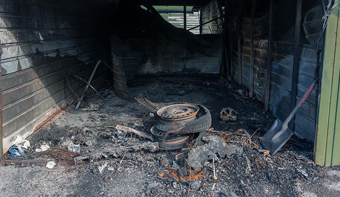 Fire damaged garage Fire damaged garage
