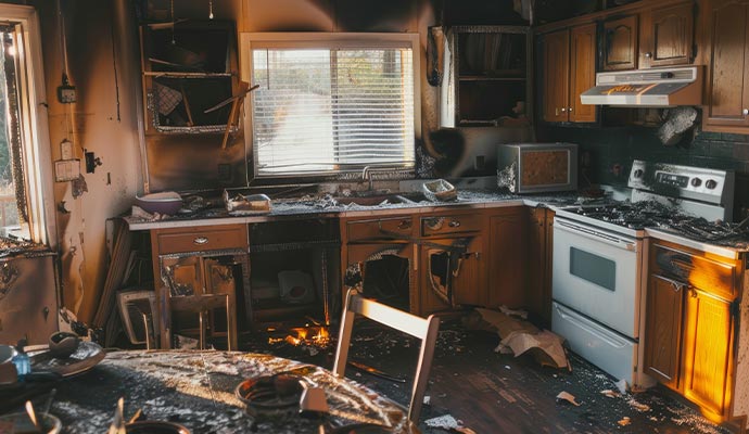 Fire damaged kitchen Fire damaged kitchen