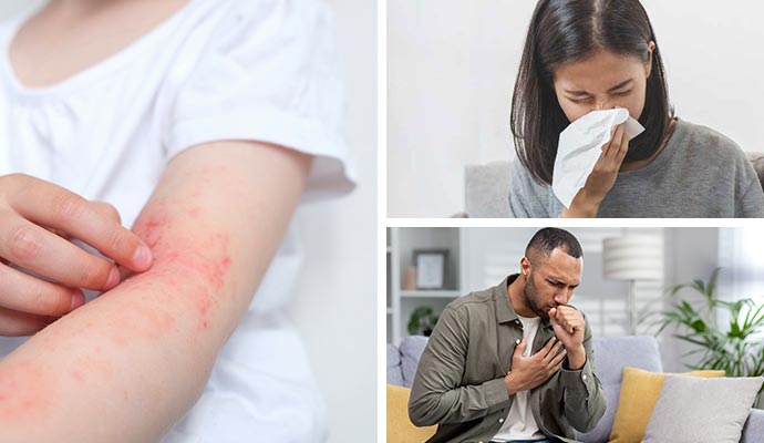 Collage of rash on a person's arm, a person blowing her nose ingto a tissue and a person coughing with hand  