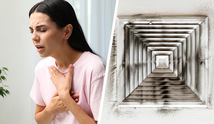Collage of a person having breathing discomfort and dirty air vent on a ceiling Collage of a person having breathing discomfort and dirty air vent on a ceiling