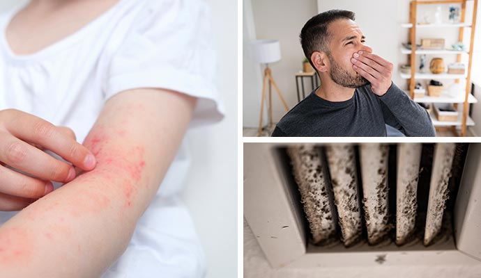 Collage of rash on a person's arm, a man pinching his nose and a dirty air vent Collage of rash on a person's arm, a man pinching his nose and a dirty air vent