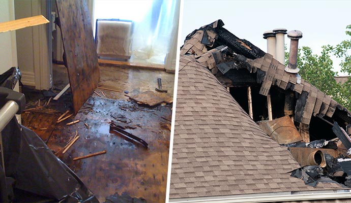 Collage of water damaged room and fire damaged house