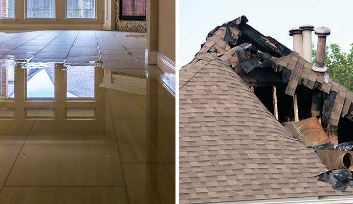 Water damaged floor and fire damaged house roof