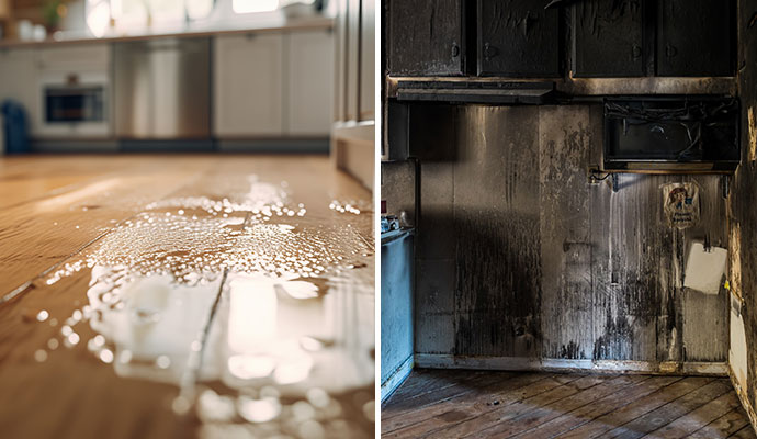 Water damaged floor and fire damaged room