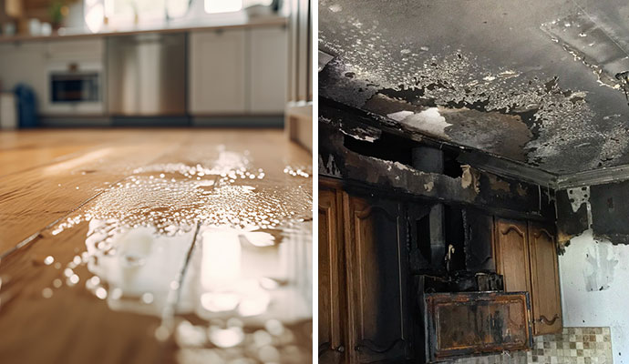Water damaged wooden floor and fire damaged property