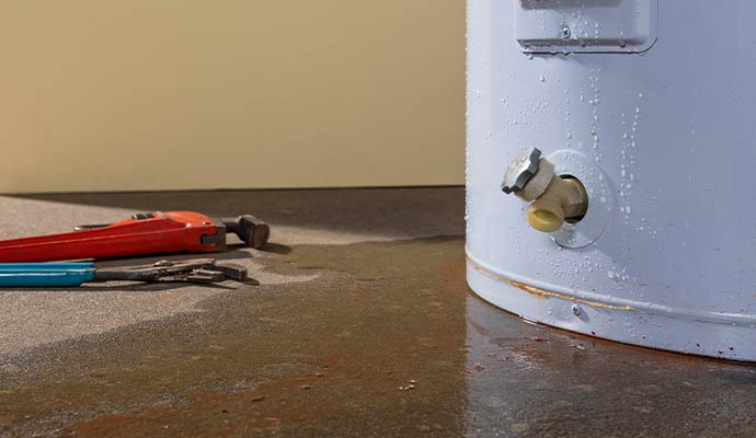 A leaking water heater tank dripping water