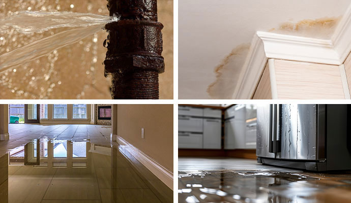 Collage of broken water pipe, ceiling water stains, water damaged floor and leaky appliance