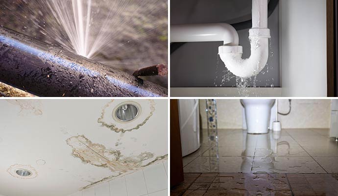 Collage of water pipe leakage, plumbing leakage, water damaged ceiling and sewage leakage