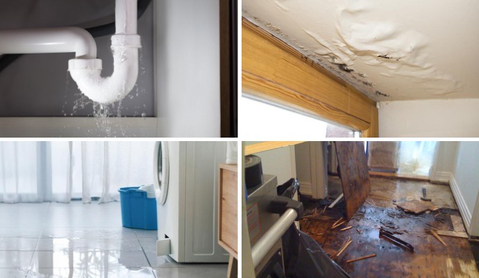 Collage of plumbing leak, water damaged ceiling, appliance leak and water damaged wooden floor