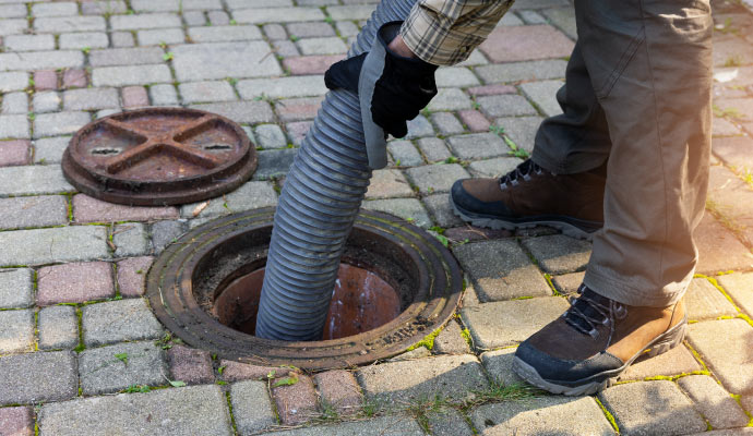 A person removing sewage with a pipe