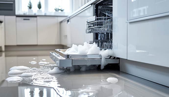 Soapy water leaking from a kitchen dishwasher onto the floor