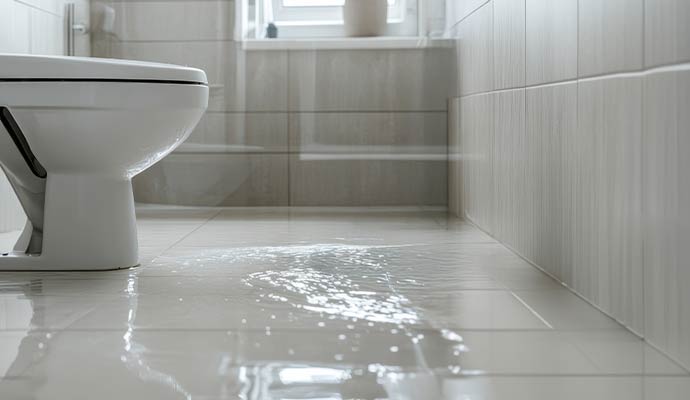 Water damaged bathroom floor due to toilet overflow